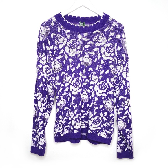 Vintage 100% cotton purple rose sweater, size M - Picture 2 of 5